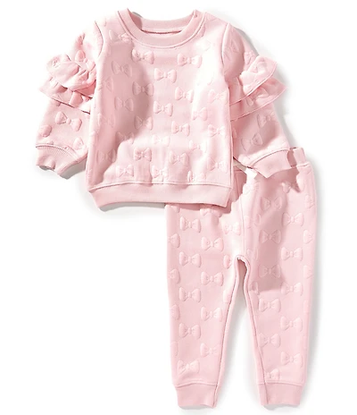 Mud Pie Baby Long Double Ruffle Sleeve Quilted Bow Top & Matching Jogger 2-Piece Set