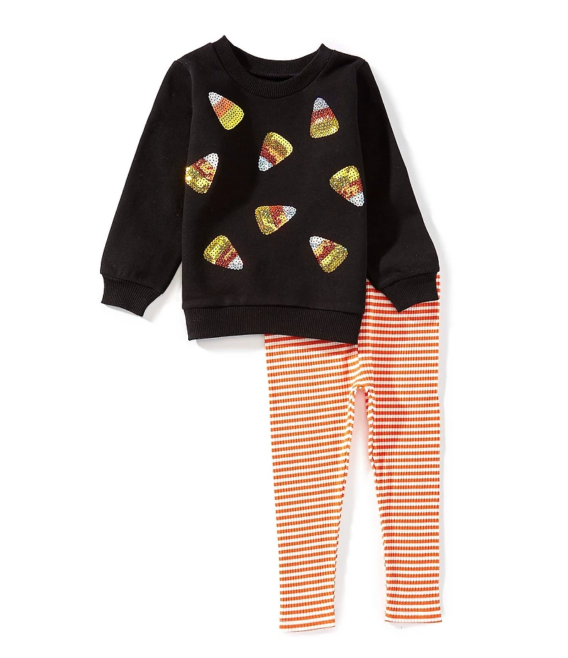 Mud Pie Baby/Little Girls Long-Sleeve Halloween Candy Corn Sparkly Sweater & Striped Leggings Set