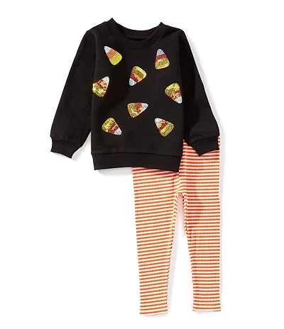 Mud Pie Baby/Little Girls Long-Sleeve Halloween Candy Corn Sparkly Sweater & Striped Leggings Set