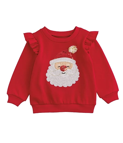 Mud Pie Baby/Little Girls Long-Sleeve Sequin-Embellished Santa-Face-Applique Brushed French Terry Sweatshirt