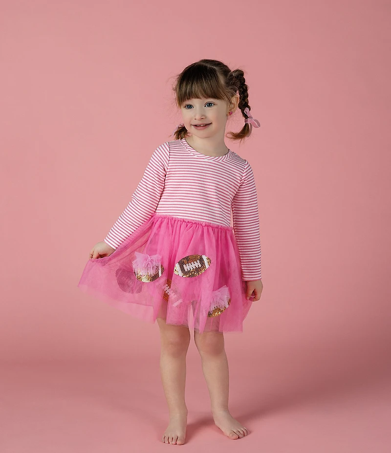Mud Pie Baby/Little Girls Long-Sleeve Striped Bodice/Sequin-Embellished Football-Inspired Appliqued-Skirted Fit-And-Flare Dress