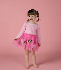Mud Pie Baby/Little Girls Long-Sleeve Striped Bodice/Sequin-Embellished Football-Inspired Appliqued-Skirted Fit-And-Flare Dress