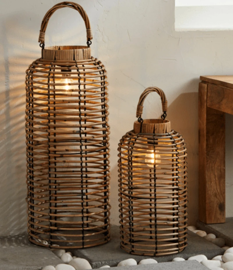 Mud Pie Battery-Operated Lighted Rattan Lantern, Set of 2