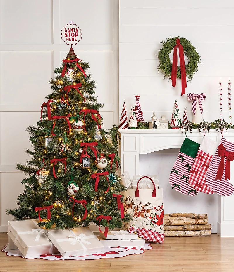 Mud Pie Candy Cane Lane Collection Embroidered Appliqued Red Bow Tree Skirt