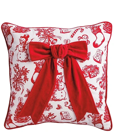 Mud Pie Holiday Collection Toile Bow Embellished Square Pillow