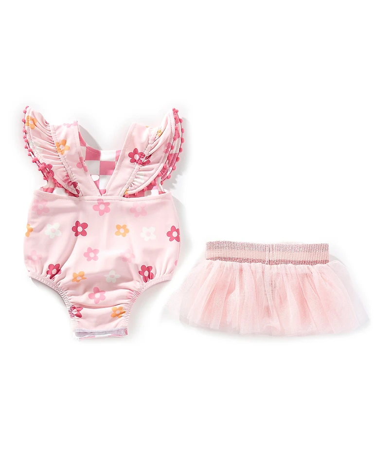 Mud Pie Little Girls Floral/Checked Reversible One-Piece Swimsuit