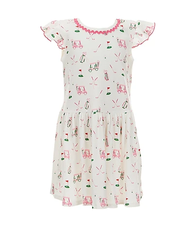 Mud Pie Little Girls Flutter-Sleeve Golf-Themed-Printed Drop-Waist T-Shirt Dress