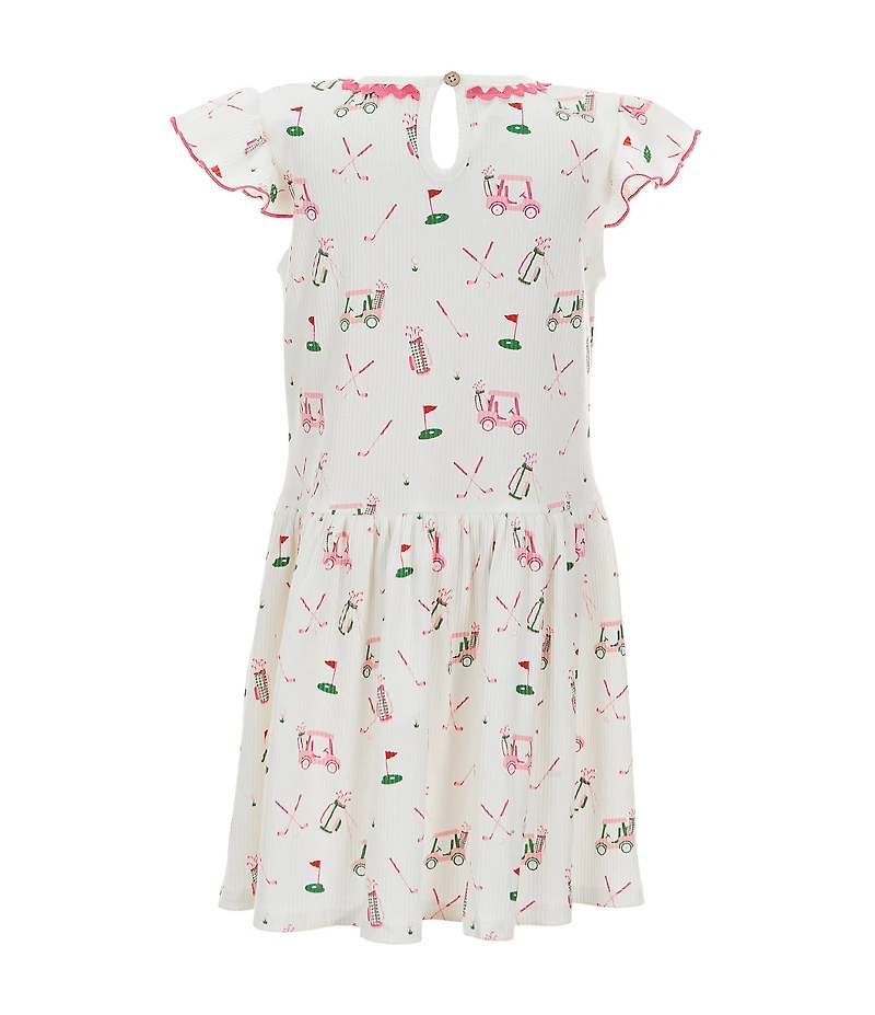 Mud Pie Little Girls Flutter-Sleeve Golf-Themed-Printed Drop-Waist T-Shirt Dress