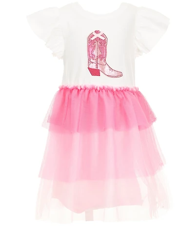 Mud Pie Little Girls Flutter Short Sleeve Sequin Boot Tutu Dress