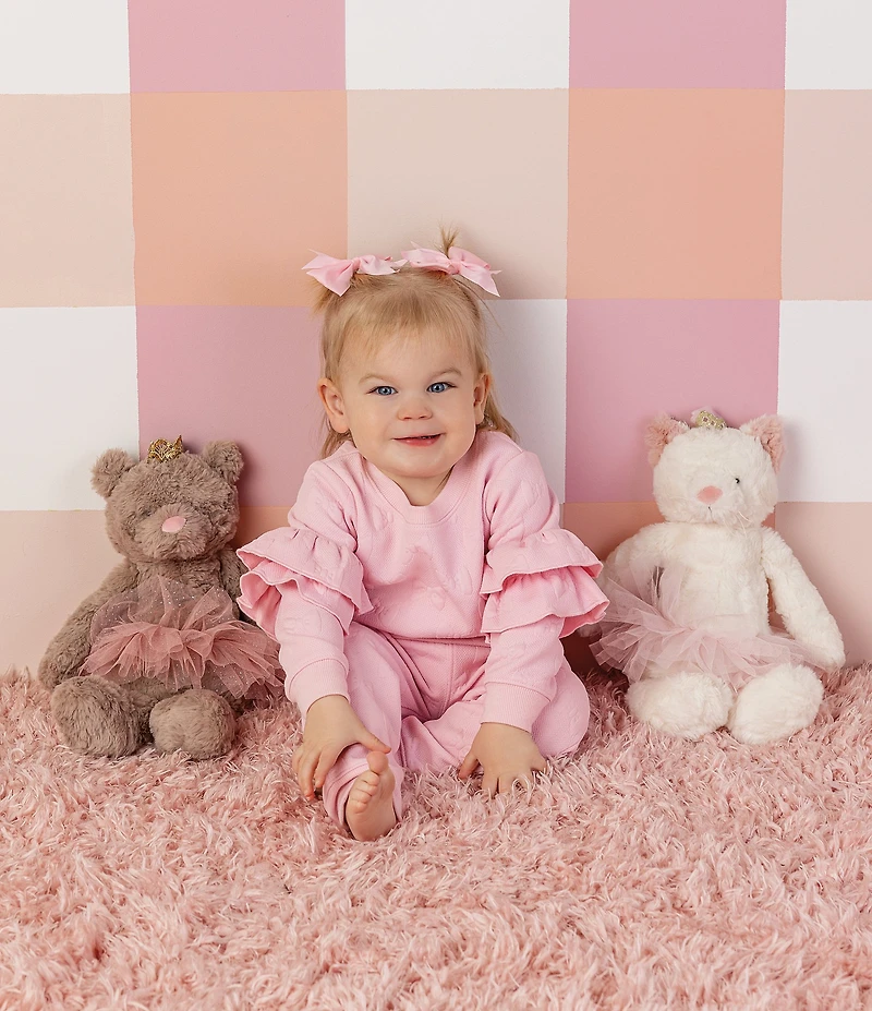 Mud Pie Little Girls Long Double Ruffle Sleeve Quilted Bow Top & Matching Jogger 2-Piece Set