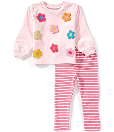 Mud Pie Little Girls Long Sleeve Boucle Flower Sweatshirt & Striped Leggings 2-Piece Set