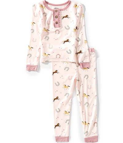 Mud Pie Little Girls Long-Sleeve Horseshoe/Horse-Printed Pajama Top & Matching Pants Set