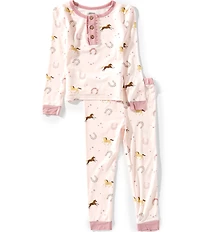 Mud Pie Little Girls Long-Sleeve Horseshoe/Horse-Printed Pajama Top & Matching Pants Set