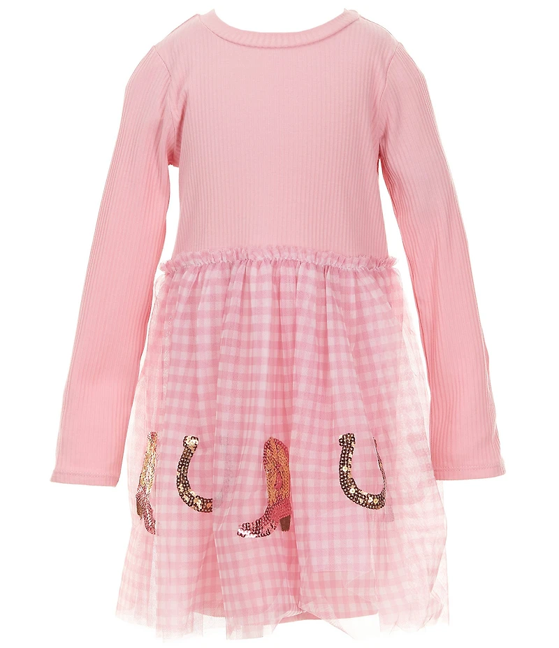Mud Pie Little Girls Long-Sleeve Rib-Knit Bodice/Sequin-Embellished Western-Motif Checked Skirted Fit-And-Flare Dress