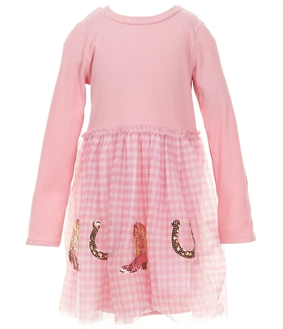 Mud Pie Little Girls Long-Sleeve Rib-Knit Bodice/Sequin-Embellished Western-Motif Checked Skirted Fit-And-Flare Dress
