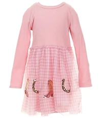 Mud Pie Little Girls Long-Sleeve Rib-Knit Bodice/Sequin-Embellished Western-Motif Checked Skirted Fit-And-Flare Dress