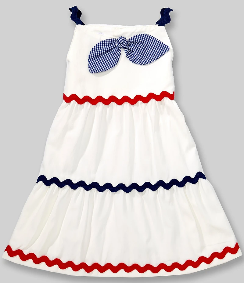 Mud Pie Little Girls Shoulder Straps Gingham Bow Skirt Tiered Ric Rac Trim Dress