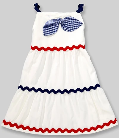 Mud Pie Little Girls Shoulder Straps Gingham Bow Skirt Tiered Ric Rac Trim Dress
