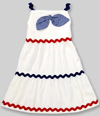 Mud Pie Little Girls Shoulder Straps Gingham Bow Skirt Tiered Ric Rac Trim Dress