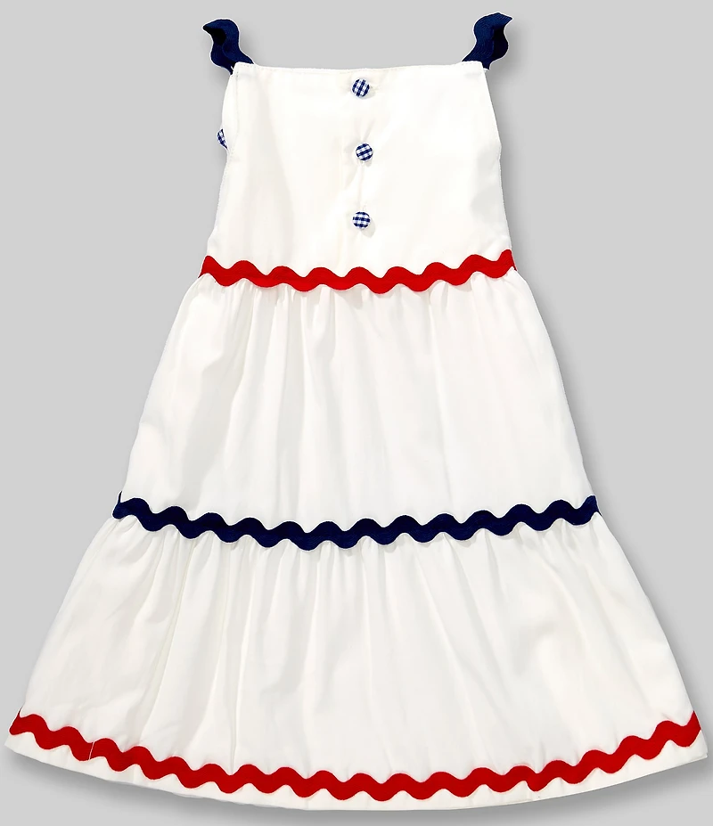 Mud Pie Little Girls Shoulder Straps Gingham Bow Skirt Tiered Ric Rac Trim Dress