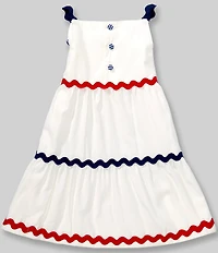Mud Pie Little Girls Shoulder Straps Gingham Bow Skirt Tiered Ric Rac Trim Dress