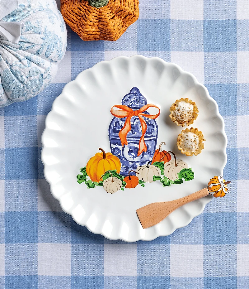 Mud Pie Thanksgiving Collection Topiary Pumpkin Scalloped Edge Cookie Plate Set