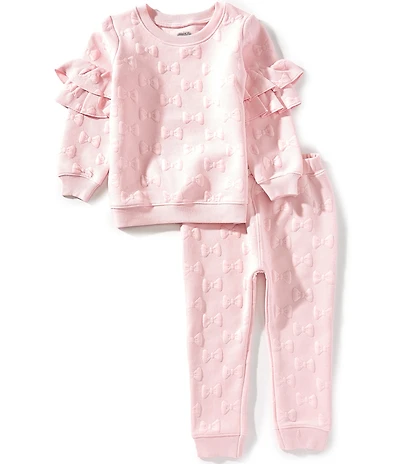 Mud Pie Toddler Long Double Ruffle Sleeve Quilted Bow Top & Matching Jogger 2-Piece Set