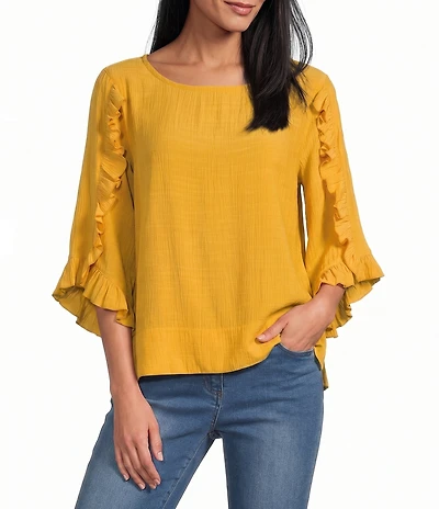 Multiple Slub Crinkle Woven Scoop Neck 3/4 Ruffle Sleeve