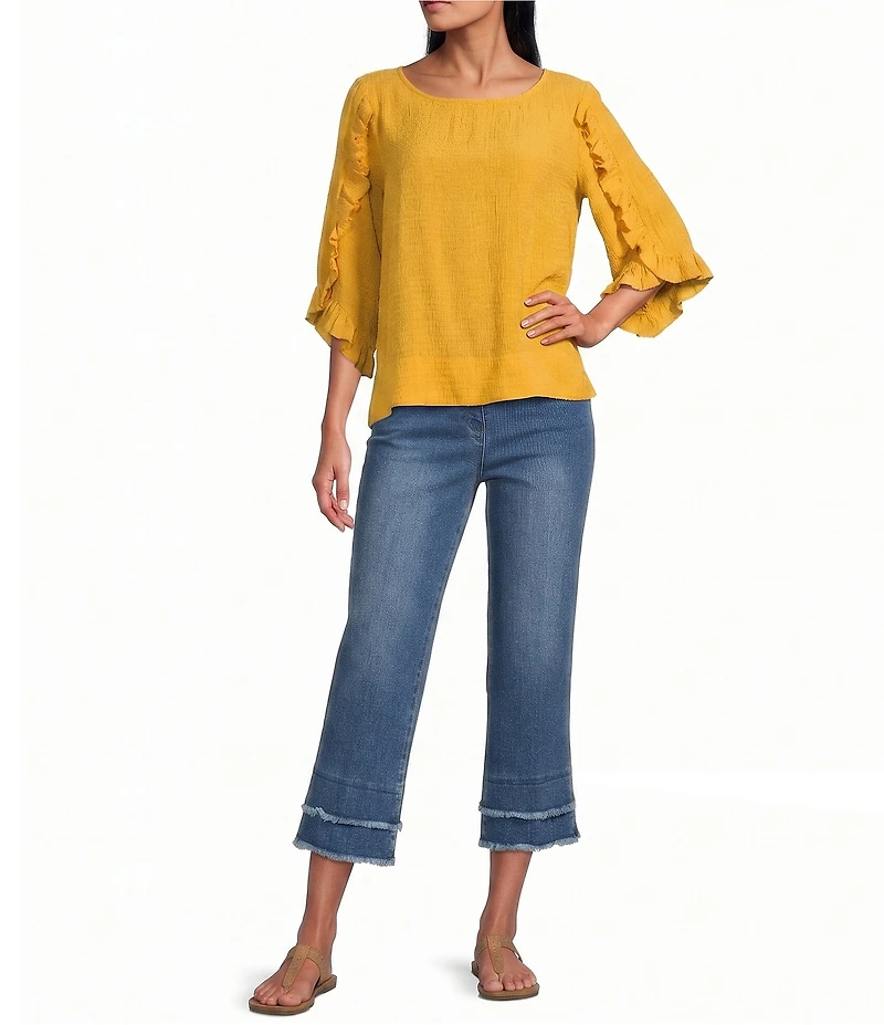 Multiple Slub Crinkle Woven Scoop Neck 3/4 Ruffle Sleeve