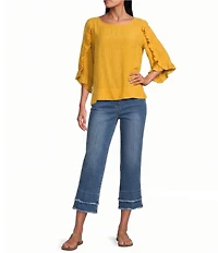 Multiple Slub Crinkle Woven Scoop Neck 3/4 Ruffle Sleeve