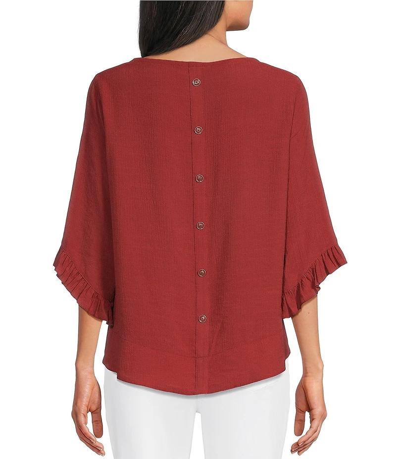 Multiple Slub Crinkle Woven Scoop Neck 3/4 Ruffle Sleeve Top