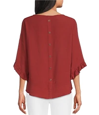 Multiple Slub Crinkle Woven Scoop Neck 3/4 Ruffle Sleeve Top