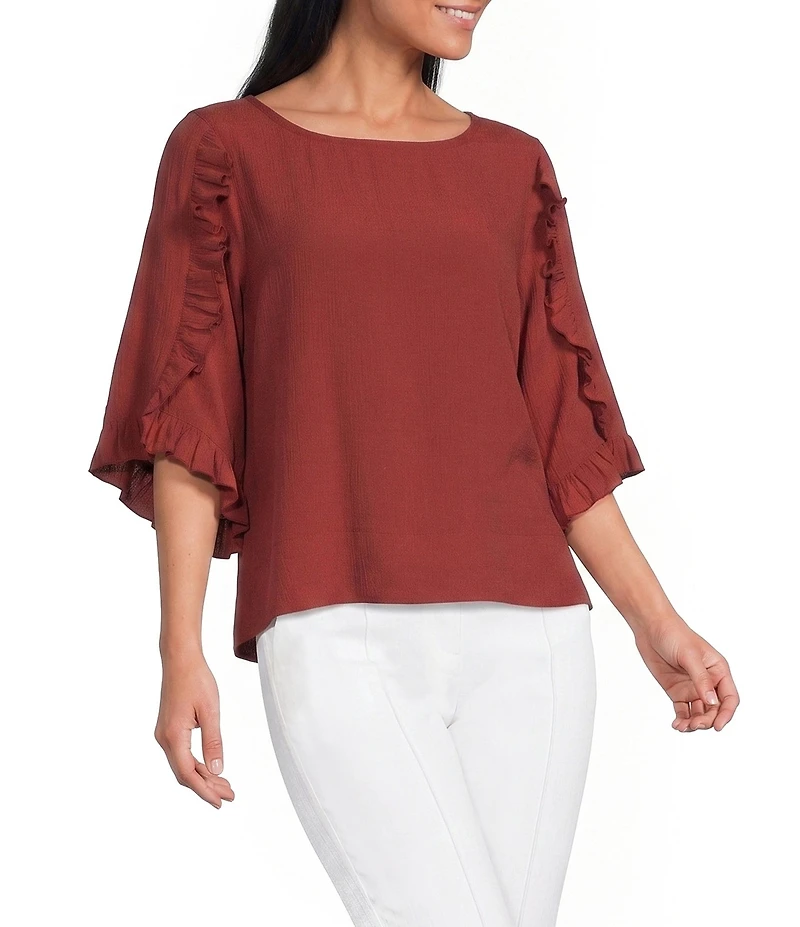 Multiple Slub Crinkle Woven Scoop Neck 3/4 Ruffle Sleeve Top