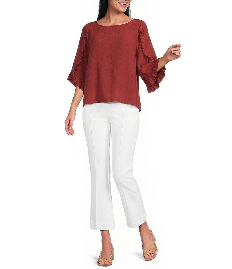 Multiple Slub Crinkle Woven Scoop Neck 3/4 Ruffle Sleeve Top