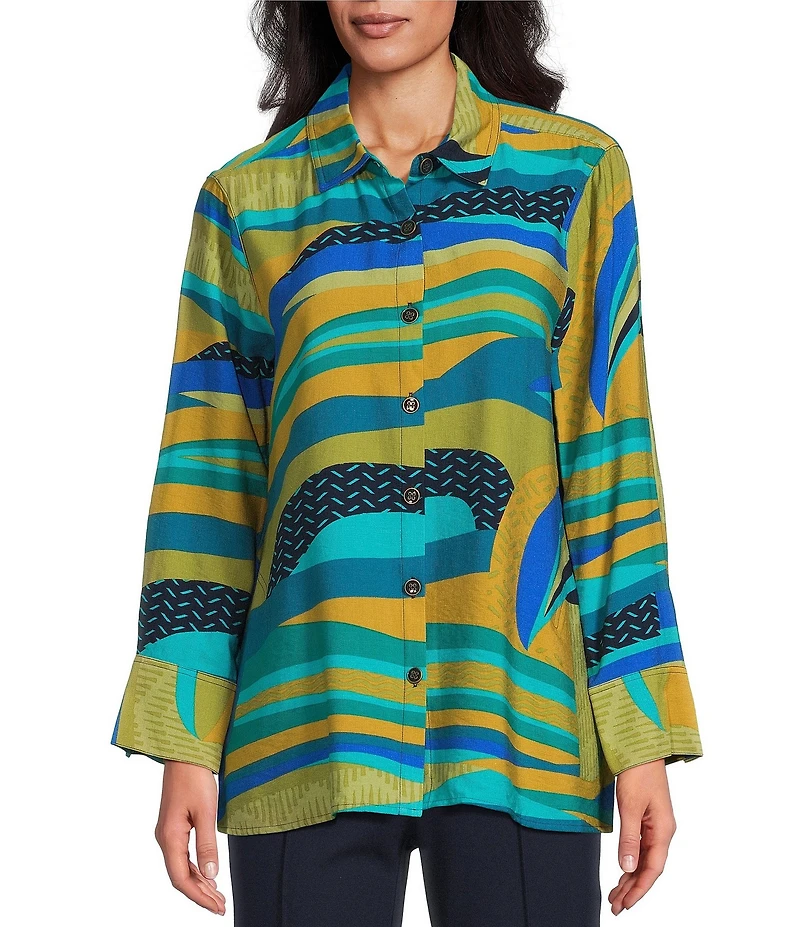 Multiples Abstract Point Collar 3/4 Turn-Up Cuff Sleeve Button Front Shirt