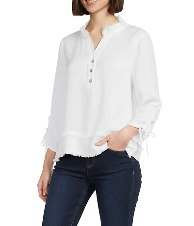 Multiples Band Collar 3/4 Drawstring Sleeve Fringe Trimmed High-Low Top