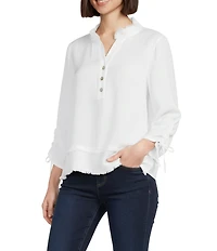 Multiples Band Collar 3/4 Drawstring Sleeve Fringe Trimmed High-Low Top