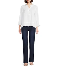 Multiples Band Collar 3/4 Drawstring Sleeve Fringe Trimmed High-Low Top