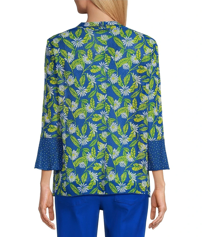 Multiples Blue Print Onionskin Shawl Neck 3/4 Flounce Sleeve Open-Front Jacket