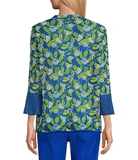 Multiples Blue Print Onionskin Shawl Neck 3/4 Flounce Sleeve Open-Front Jacket