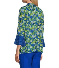Multiples Blue Print Onionskin Shawl Neck 3/4 Flounce Sleeve Open-Front Jacket