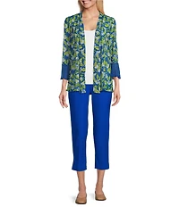 Multiples Blue Print Onionskin Shawl Neck 3/4 Flounce Sleeve Open-Front Jacket