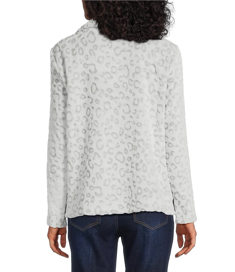 Multiples Cheetah Print Johnny Collar Long Sleeve Plush Knit Top