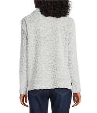 Multiples Cheetah Print Johnny Collar Long Sleeve Plush Knit Top