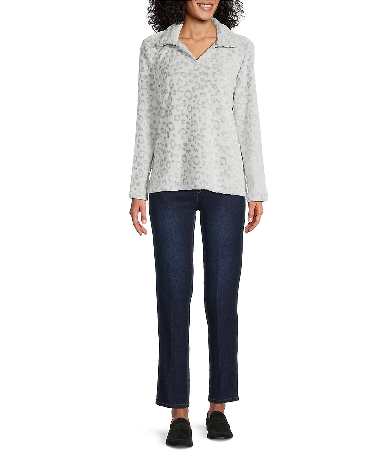 Multiples Cheetah Print Johnny Collar Long Sleeve Plush Knit Top