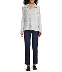 Multiples Cheetah Print Johnny Collar Long Sleeve Plush Knit Top