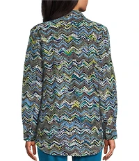 Multiples Chevron Embroidered Point Collar Long Cuffed Sleeve Button Front Shacket