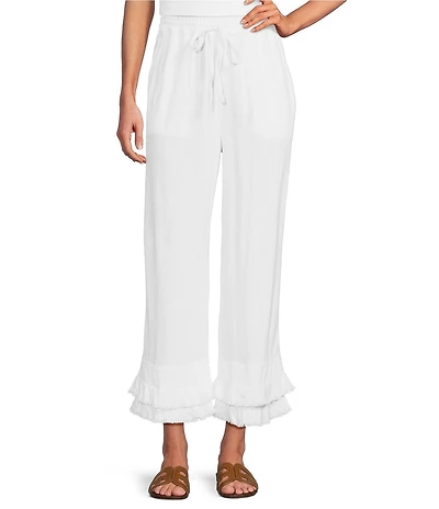 Multiples Coordinating Textured Slub Elastic Drawstring Double Fringe Flounce Hem Cropped Pants