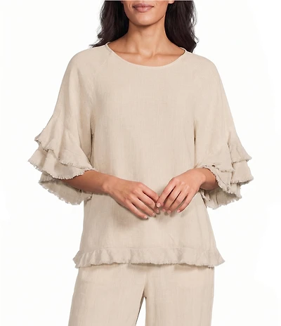 Multiples Coordinating Textured Slub Scoop Neck Double Fringe Reglan Elbow Sleeve Hem Top