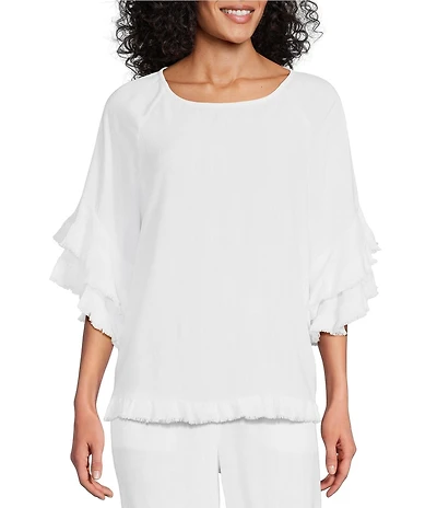 Multiples Coordinating Textured Slub Scoop Neck Double Fringe Reglan Elbow Sleeve Hem Top
